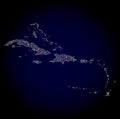 Mesh Polygonal Map of Caribbean Islands with Colorful Light Spots