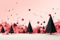 Polygonal winter landscape of fir trees and mountains on a pink background. Generative ai