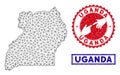 Polygonal Wire Frame Uganda Map and Grunge Stamps