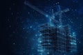 Polygonal wireframe building under construction with crane against a dark blue starry night sky Royalty Free Stock Photo
