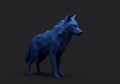 Polygonal wolf sculpture in deep blue, standing on a dark background. Consists of Royalty Free Stock Photo