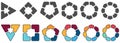 Polygons divided into equal parts, empty space in middle slightly rounded corners. Version with three to eight segments, black