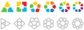 Polygons divided into equal parts, empty space in middle. Version with three to eight segments, black white and colour also with