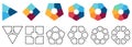 Polygons divided into equal parts, empty space in middle. Version with three to eight segments, black white and colour, simple