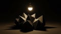 Polyhedra with sharp edges is clustered on a dark surface illuminated by Royalty Free Stock Photo