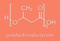 Polyhydroxybutyrate (PHB) biodegradable plastic, chemical structure. Polymer that is both bio-derived and compostable. Skeletal