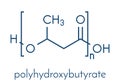 Polyhydroxybutyrate PHB biodegradable plastic, chemical structure. Polymer that is both bio-derived and compostable. Skeletal.