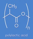 Polylactic acid (PLA, polylactide) bioplastic, chemical structure. Compostable polymer used in medical implants, 3D printing,