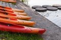 Polymer kayaks, water sports. Canoe summer club equipment. Active rest, sport, kayak. Boat for rafting on water. A few