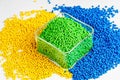 Polymeric dye. Colorant for plastics. Pigment in the granules. Plastic factory laboratory. polymer industry. Royalty Free Stock Photo