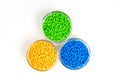 Polymeric dye. Plastic pellets. Colorant for plastics. Pigment in the granules Royalty Free Stock Photo