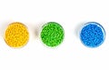 Polymeric dye. Plastic pellets. Colorant for plastics. Pigment in the granules Royalty Free Stock Photo