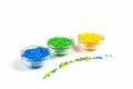 Polymeric dye. Plastic pellets. Colorant for plastics. Pigment in the granules Royalty Free Stock Photo