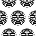 Polynesian Maori face tattoo vector seamless pattern, Hawaiian man or woman tribal repetitive design