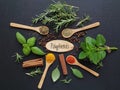 Polyphenol rich food. Set of various spices and fresh herbs rich in polyphenols. Natural products containing polyphenols