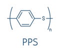 Polyphenylene sulfide PPS polymer, chemical structure. Commonly used engineering plastic. Skeletal formula.