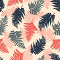 Polypodiophyta. Seamless pattern with ferns. Background with plants in red, blue and gray colors. Royalty Free Stock Photo