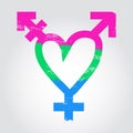 Polysexual pride flag in a form of heart with transgender symbol