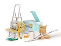 . Polystyrene insulation boards, mineral wool, stepladder, measuring instruments,cement sack with masonry trow