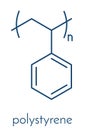 Polystyrene PS plastic, chemical structure. Used in insulation materials, toys, packaging, food containers, etc. Skeletal.