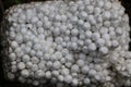 Small white balls of styrofoam on grass with twigs and leaves