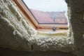 Polyurea Spraying, foam coating insulation of roof Royalty Free Stock Photo