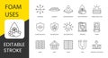 Polyurethane foam properties and places of application, vector line icon set with editable stroke, Adhesion and Water