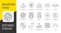 Polyurethane foam properties and places of application, vector line icon set with editable stroke, Adhesion and Water