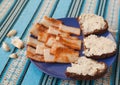 Pomazuha traditional bread spread made of lard of rye bread in Ukraine