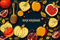 Pomegranate, apple and honeycomb border, Jewish new year, Rosh Hashanah, Shana