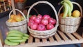 pomegranate banana ananas basket fruits group autumn background Royalty Free Stock Photo