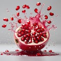Pomegranate Bursting with Juice and Arils on White Surface fruit seeds Royalty Free Stock Photo
