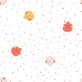 Pomegranate character seamless pattern with smiley face fruit on a polka dot background. Hand-drawn cartoon doodle in