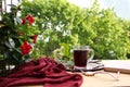 Pomegranate, cherry juice, fruit drink in a glass mug on a wooden table in the garden, red cloth, flowers of a climbing plant Royalty Free Stock Photo