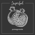 Pomegranate cut in half monochrome superfood sepia sketch.