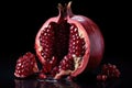 pomegranate cut open on dark surface Royalty Free Stock Photo