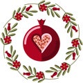Pomegranate cute illustration with floral wreath. Flat style fruit