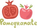 Pomegranate design icon. Juicy fresh fruit vector template. Kawaii pomegranate with text title