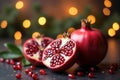 Pomegranate exploding with vibrant seeds captured in mid-air during a dynamic culinary demonstration Royalty Free Stock Photo