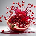 Pomegranate Explosion with Flying Arils and Red Juice Splash fruit seeds Royalty Free Stock Photo