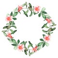 Watercolor wreath with pomegranate flowers, leaves