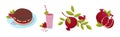 Pomegranate Food with Fruit and Served Cake and Smoothie Vector Set