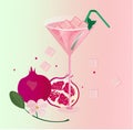 Pomegranate fresh cocktail glass. Summer drink Vector illustration