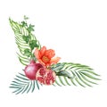 Pomegranate fruit with flower arrangement watercolor illustration. Hand drawn organic fruit with blossoms and palm leaves. Royalty Free Stock Photo