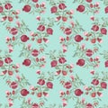 Pomegranate fruit and flower blossom seamless repeated pattern on green Royalty Free Stock Photo