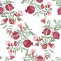 Pomegranate fruit and flower blossom seamless repeated pattern on white Royalty Free Stock Photo