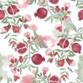 Pomegranate fruit and flower blossom seamless repeated pattern on white Royalty Free Stock Photo