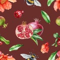 Pomegranate fruit and flower seamless pattern watercolor illustraton. Hand drawn exotic botanical decoration with firebrick color.