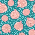 Pomegranate fruit seamless pattern design background in pink, red and green. Hand drawn healthy food tossed vector
