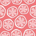 Pomegranate fruit slices seamless pattern design background in red and white. Hand drawn healthy food tossed vector